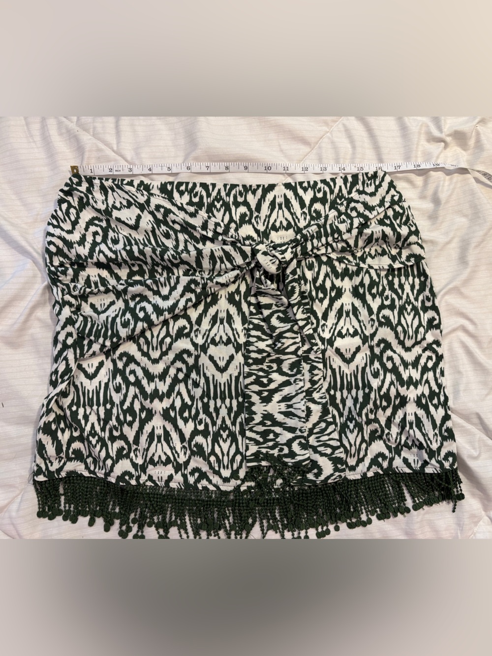 Zara Green and White Patterned Tie Front Fringe Mini Skirt